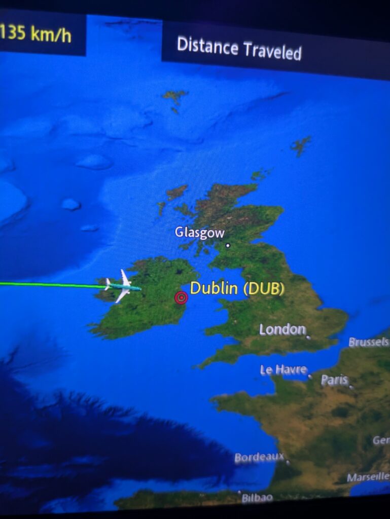 Map displaying a plane approaching Dublin, Ireland.